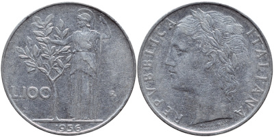 ИТАЛИЯ 100 ЛИР 1956 R, АФИНА KM 96.1 нержавеющая сталь 4394-543