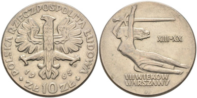 Польша 10 злотых 1965 700 лет Варшаве, богиня победы Ника с мечем KM 54 медно-никель 4572-414