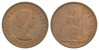 Великобритания 1 пенни 1967 Елизавета II (1952-2022) KM 897, Spink 4157 бронза UNC 4645-1016