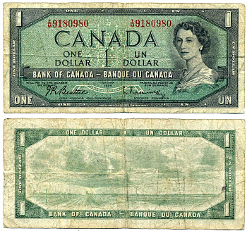 Канада 1 доллар 1954 подписи Beattie & Rasminsky, BABNC Pick 75b бумага 2192-19-2-2