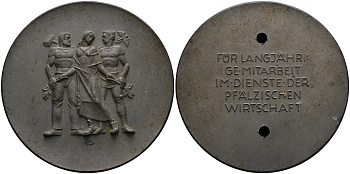 Германия медаль 1930-ые за долгую совместную работу по развитию экономики земли Пфальц, 81 мм., 173,3 гр. цинк 8-1-04-21