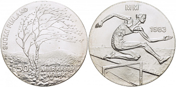 Финляндия 50 марок 1983 K-T, чемпионат мира по атлетике, бег с препятствиями KM 61 серебро UNC 6-5-1-23