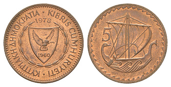 Кипр 5 милей 1978 KM 39 бронза UNC 4652-336