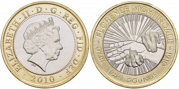 Великобритания 2 фунта 2010 Елизавета II (1952-2022), 100 лет со дня смерти Флоренс Найтингейл KM 1160, Spink K26 биметалл UNC 51-4225