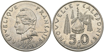 Французская Новая Каледония 50 франков 2008 хижина среди сосен и пальм, (IEOM) KM 13a, Schoen 15a, Lec 128i медно-никель 114-435