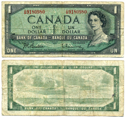 Канада 1 доллар 1954 подписи Beattie & Rasminsky, BABNC Pick 75b бумага 2192-19-2-2