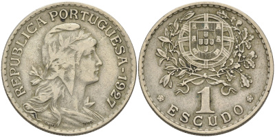 ПОРТУГАЛИЯ 1 ЭСКУДО 1927 ПЕРВЫЙ ГОД KM 578 медно-никель 4563-1014