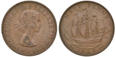 Великобритания 1/2 пенни 1967 Елизавета II (1952-2022) KM 896, Spink 4158 бронза 4681-1013