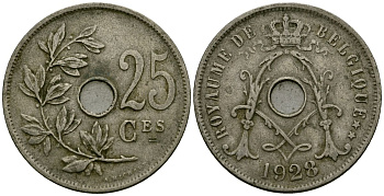 Бельгия 25 сантимов 1928 Belgique KM 68 медно-никель 4165-611