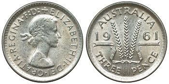 Австралия 3 пенса 1961 m, Елизавета II (1952-2022) KM 57 серебро 71-722