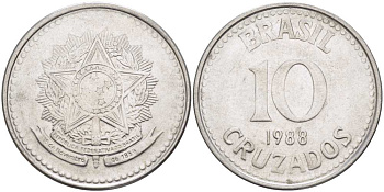 Бразилия 10 крузадо 1988 реформа 1986-1989 KM 607 нержавеющая сталь 210-227