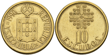Португалия 10 эскудо 1990  KM 633 никель латунь    4161-842