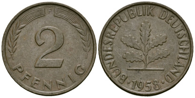 ФРГ 2 пфеннига 1958 F KM 106 бронза 4173-1137