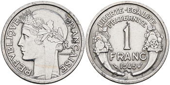 Франция 1 франк 1945 тип Морлон KM 885а.1 алюминий    4153-424