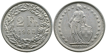 ШВЕЙЦАРИЯ 2 ФРАНКА 1968 В KM 21а.1 медно-никель 4110-1111