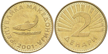 Македония 2 денара 2001 KM 3 латунь aUNC 186-526