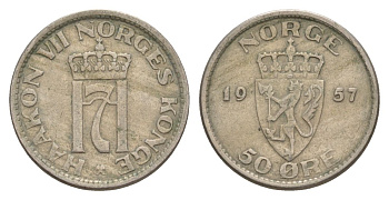 Норвегия 50 эре 1957 Хокон VII (1905-1957) KM 402 медно-никель 4635-422