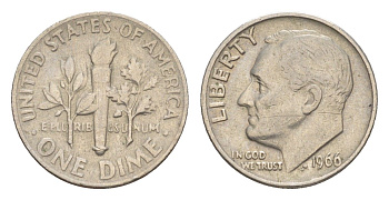 США 1 дайм (10 центов) 1966 президент Рузвельт KM 195a медь плакированная медно-никелем 4649-1258