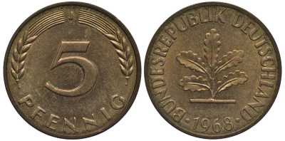 ФРГ 5 ПФЕННИГОВ 1968 J KM 107, Jager 382 сталь плакированная латунью 4547-739
