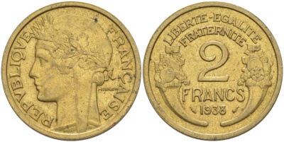 ФРАНЦИЯ 2 ФРАНКА 1938 ТИП MORLON KM 886, LE FRANC 268.11 алюминиевая бронза 3855-116