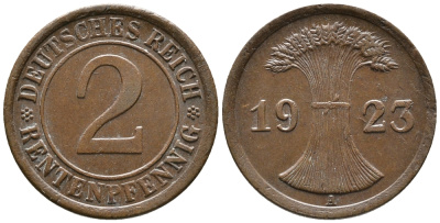 ГЕРМАНИЯ 2 РЕНТЕНПФЕННИГА 1923 A KM 31, J. 307 бронза 24-445