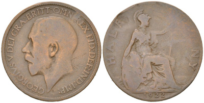 Великобритания 1/2 пенни 1922 Георг V (1910-1936) KM 809, Spink 4056 бронза 4616-741