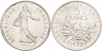 ФРАНЦИЯ 5 ФРАНКОВ 1972 СЕЯТЕЛЬ KM 926a.1, LE FRANC 341.4 медно-никель плакированный никелем 109-821