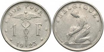 Бельгия 1 франк 1923 Belgique, Альберт I (1909-1934) KM 89 никель 51-1917