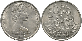 Новая Зеландия 50 центов 1967 Елизавета II (1952-2022), парусник Индевор KM 37 медно-никель 81-632