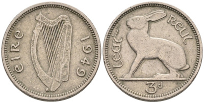 Ирландия 3 пенса 1949 заяц KM 12а медно-никель 92-225