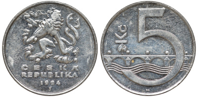 Чехия 5 крон 1994 чешский лев, Карлов мост KM 8 сталь плакированная никелем 51-1136