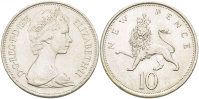 Великобритания 10 пенсов 1975 Елизавета II (1952-2022) KM 912, Spink 4231 (F1) медно-никель  215-421