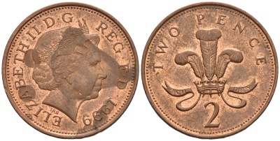 Великобритания 2 пенса 1999 Елизавета II (1952-2022) KM 987, Spink 4690 (C5) сталь плакированная медью 177-741