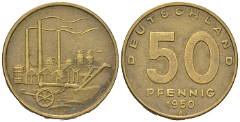 ГДР 50 пфеннигов 1950 А, фабрика KM 4 алюминиевая бронза 188-644