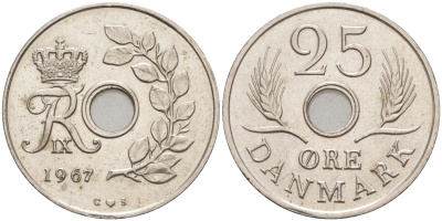 ДАНИЯ 25 ЭРЕ 1967 С; S, ФРЕДЕРИК IX (1947-1972) KM 855.1 медно-никель 98-721