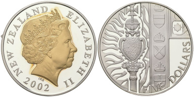 Новая Зеландия 5 долларов 2002 50 лет правления Елизаветы II , королевский скипетр, позолота KM 151 серебро PROOF 1080-4-31
