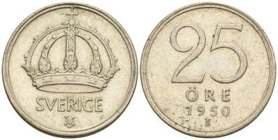 Швеция 25 эре 1950 TS, Густав V (1907-1950) KM 816 серебро 4381-947