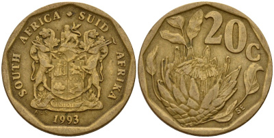 ЮАР 20 центов 1993 герб, цветок протея KM 136 сталь плакированная латунью 4154-1136