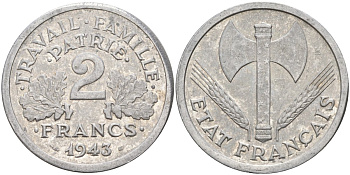 Франция 2 франка 1943 правительство Виши KM 904.1 алюминий 4143-622