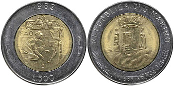 Сан-Марино 500 лир 1982 R, FAO KM 140 биметалл UNC 113-555