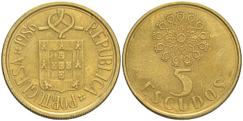 ПОРТУГАЛИЯ 5 ЭСКУДО 1986 KM 632 никель латунь 4561-755