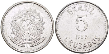 Бразилия 5 крузадо 1987 реформа (1986-1989) KM 606 нержавеющая сталь 33-1234