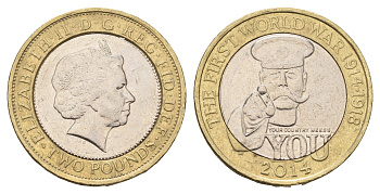 Великобритания 2 фунта 2014 100 лет Первой Мировой войне KM 1279 биметалл 4111-1244