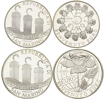 Сан-Марино набор 5 евро + 10 евро 2002 добро пожаловать евро, в оригинальной коробке, с сертификатом KM 448, 449 серебро PROOF 7-1-66