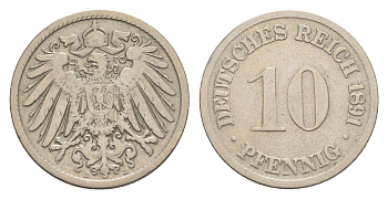 Германия 10 пфеннигов 1891 D, Вильгельм II (1888-1918) KM 12, J. 13 медно-никель 4640-227