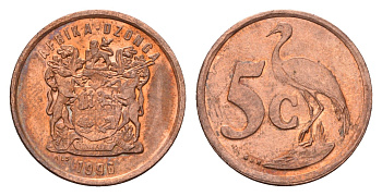 ЮАР 5 центов 1996 герб, райский журавль KM 160 сталь плакированная медью UNC 4643-341