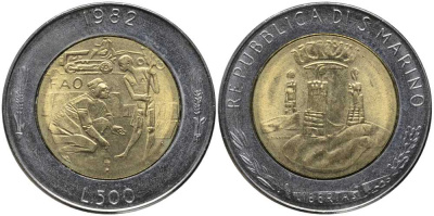 Сан-Марино 500 лир 1982 R, FAO KM 140 биметалл UNC 113-555