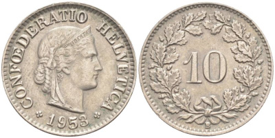 ШВЕЙЦАРИЯ 10 РАППЕНОВ 1953 В KM 27 медно-никель 55-236