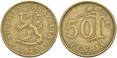 ФИНЛЯНДИЯ 50 ПЕННИ 1975 S KM 48 алюминиевая бронза 4563-431