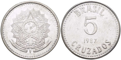 Бразилия 5 крузадо 1987 реформа (1986-1989) KM 606 нержавеющая сталь 33-1234